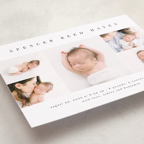 This is a white linen grand birth announcements with standard by Erica Krystek called sweet simplicity printing on recycled smooth signature in grand