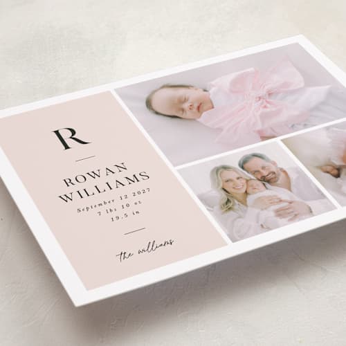 This is a blush grand birth announcements with standard by Robert and Stella called monogram block printing on recycled smooth signature in grand