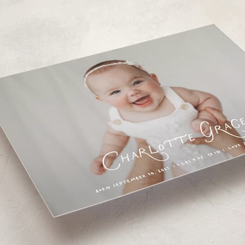 This is a marshmallow grand birth announcements with standard by Benita Crandall called handdrawn style printing on recycled smooth signature in grand