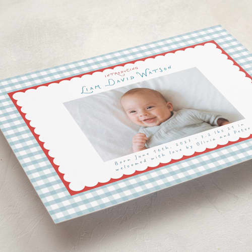 This is a picnic grand birth announcements with standard by Christy Hy Lee called playful pattern printing on recycled smooth signature in grand