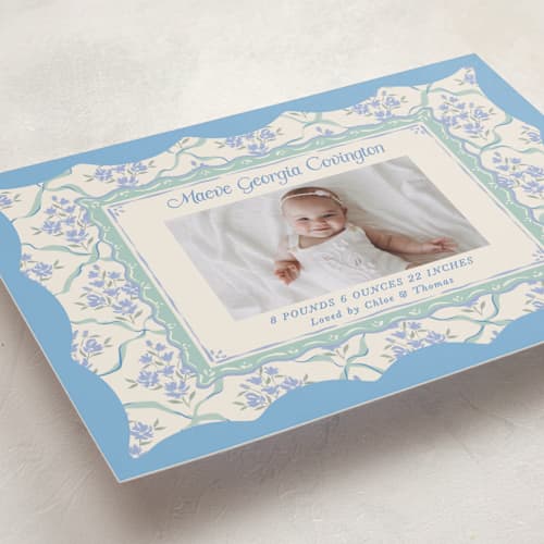 This is a periwinkle grand birth announcements with standard by Jackie Crawford called highgrove printing on recycled smooth signature in grand