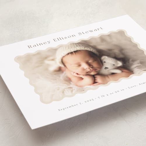 This is a oatmeal grand birth announcements with standard by Jennifer Wick called applique printing on recycled smooth signature in grand