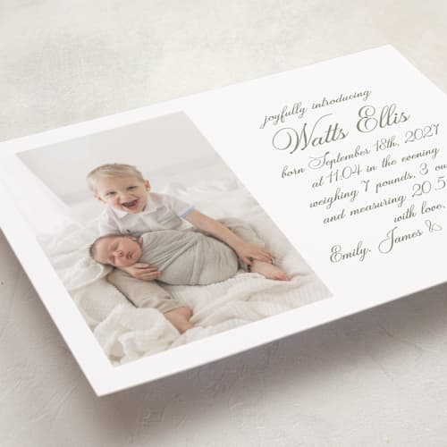 This is a fern grand birth announcements with standard by Megan Davis called walden printing on recycled smooth signature in grand