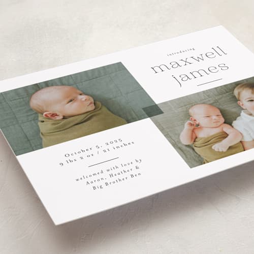 This is a galaxy grand birth announcements with standard by Emily Betts called handsome two printing on recycled smooth signature in grand