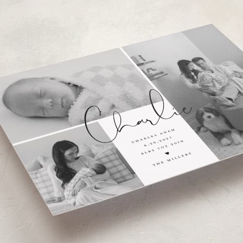 This is a night grand birth announcements with standard by Michelle Taylor called trio of love printing on recycled smooth signature in grand