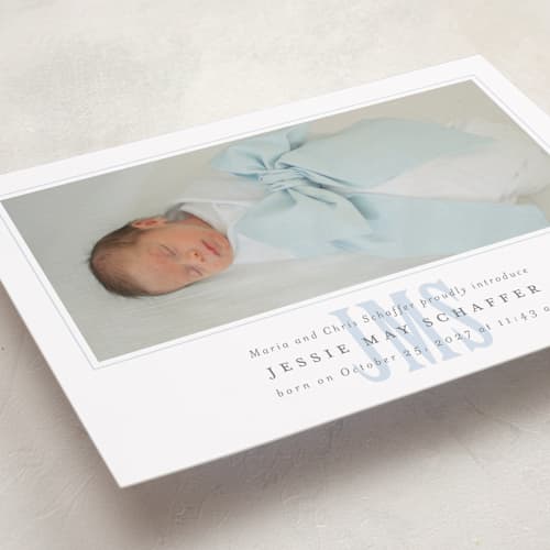 This is a sky grand birth announcements with standard by Erin Hodges called classic monogram printing on recycled smooth signature in grand