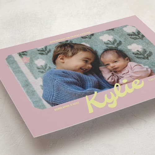 This is a mauve grand birth announcements with standard by Inkblot Design called retro printing on recycled smooth signature in grand