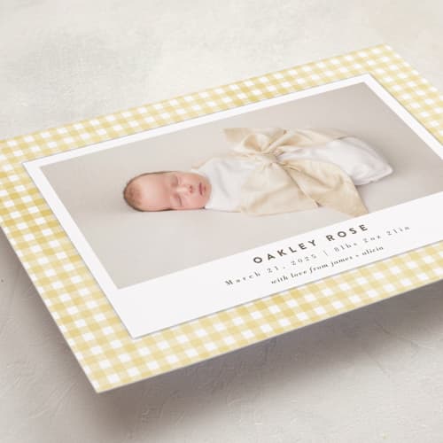 This is a marigold grand birth announcements with standard by Jessie Steury called gingham printing on recycled smooth signature in grand