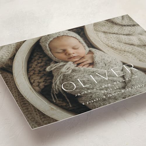 This is a dew grand birth announcements with standard by Sara Hicks Malone called moondance printing on recycled smooth signature in grand