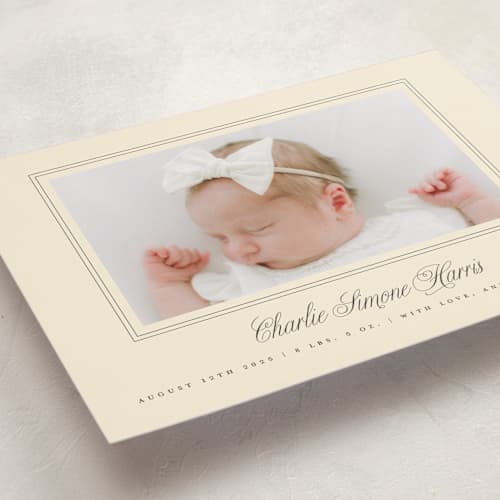This is a creme grand birth announcements with standard by mo kelley called classical border printing on recycled smooth signature in grand