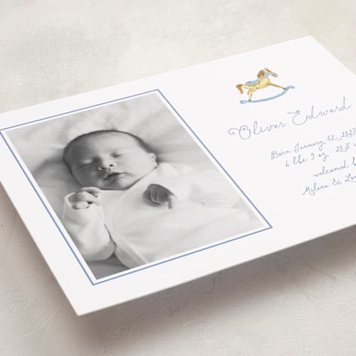 This is a powder grand birth announcements with standard by Pati Cascino called ternure printing on recycled smooth signature in grand