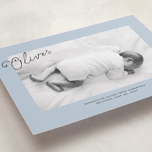 This is a powder grand birth announcements with standard by Jenna Holcomb called nostalic handwriting printing on recycled smooth signature in grand