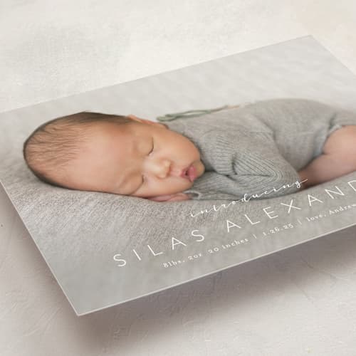 This is a cloud grand birth announcements with standard by Carolyn MacLaren called baby bliss printing on recycled smooth signature in grand