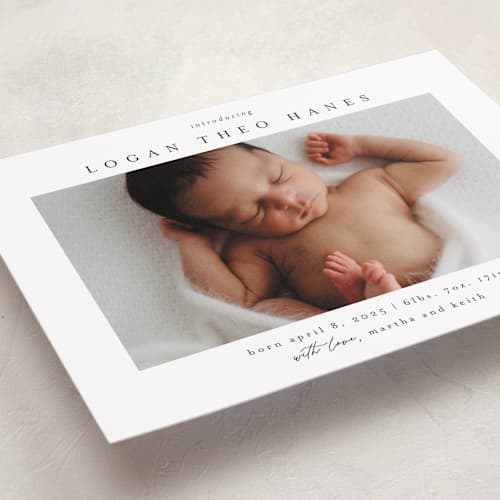 This is a sugar grand birth announcements with standard by Chris Griffith called frame of happiness printing on recycled smooth signature in grand