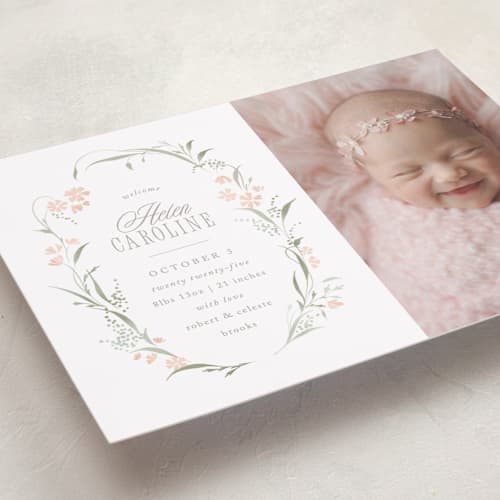 This is a sweet pea grand birth announcements with standard by Erin L. Wilson called dottie printing on recycled smooth signature in grand