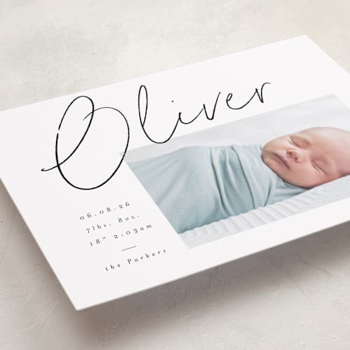 This is a noir grand birth announcements with standard by AK Graphics called simply printing on recycled smooth signature in grand