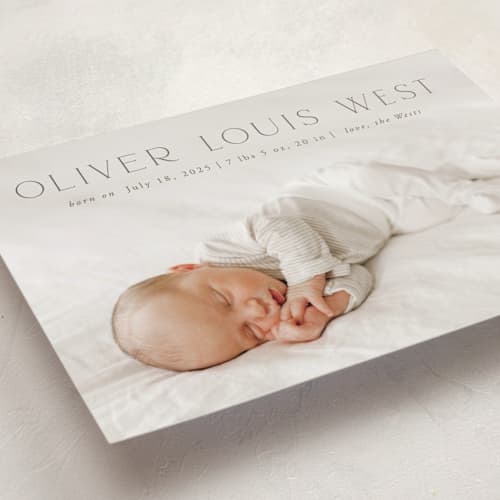 This is a fog grand birth announcements with standard by Julia Hall called our hearts printing on recycled smooth signature in grand