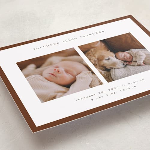 This is a hickory grand birth announcements with standard by Juneau Designs called pure love printing on recycled smooth signature in grand