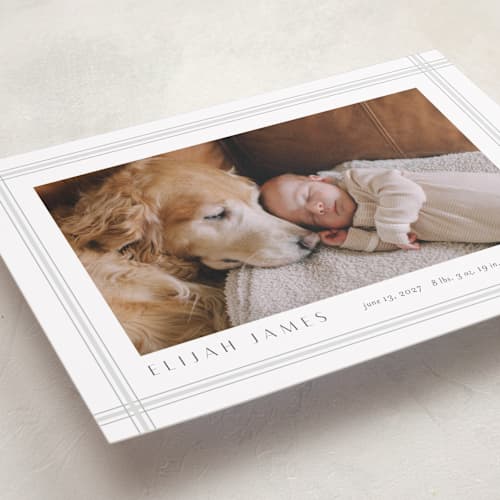 This is a cement grand birth announcements with standard by Stacey Meacham called soft plaid printing on recycled smooth signature in grand