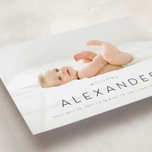 This is a night grand birth announcements with standard by MC Designs called welcome our baby printing on recycled smooth signature in grand