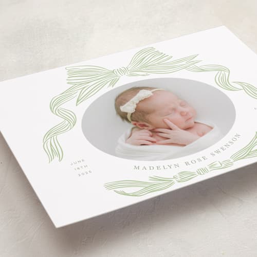 This is a mint grand birth announcements with standard by Stephanie Hawkes called ribbon bow frame printing on recycled smooth signature in grand