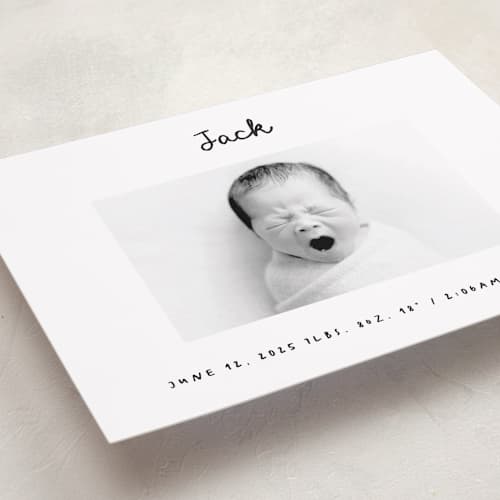 This is a snow grand birth announcements with standard by AK Graphics called cursive printing on recycled smooth signature in grand