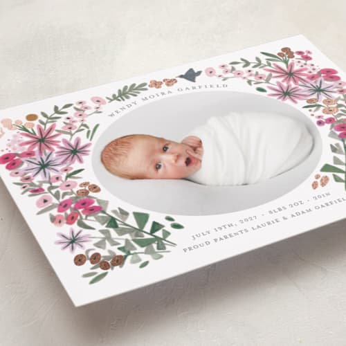 This is a rose grand birth announcements with foil pressed by Morgan Ramberg called blossom baby printing on recycled smooth signature in grand