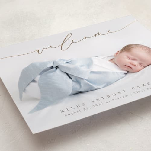 This is a fawn grand birth announcements with foil pressed by Olivia Raufman called blissful welcome printing on recycled smooth signature in grand