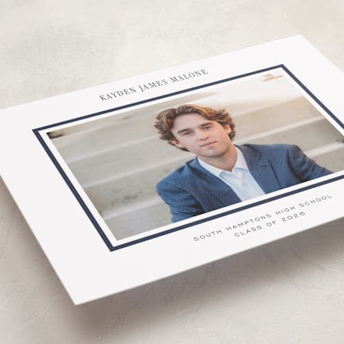 This is a navy graduation announcements with standard by Jennifer Wick called collegiate line printing on recycled smooth signature in grand
