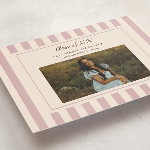 This is a blush graduation announcements with standard by Ani Somi called grad stripes printing on recycled smooth signature in grand