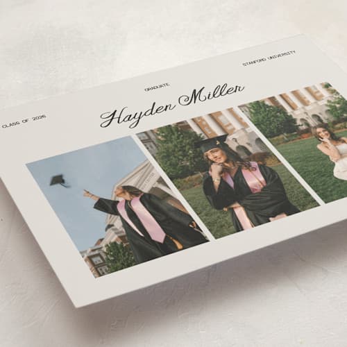 This is a silk graduation announcements with standard by Cass Loh called trio gallery printing on recycled smooth signature in grand