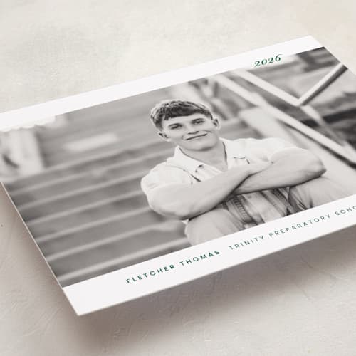This is a forest graduation announcements with standard by Sara Hicks Malone called deerfield printing on recycled smooth signature in grand