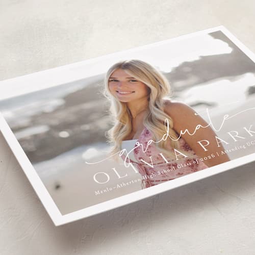 This is a snow graduation announcements with standard by Sarah Curry called graduate script printing on recycled smooth signature in grand