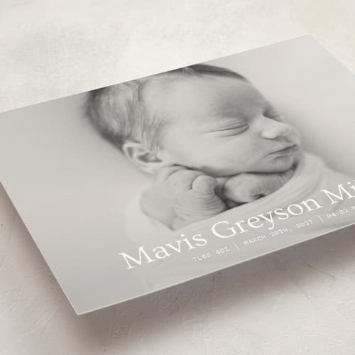 This is a snow grand birth announcements with standard by Bramble Studio called simple in serif printing on signature in grand