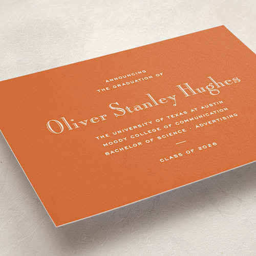 This is a burnt orange graduation announcements with standard by Megan Davis called campus printing on signature in grand