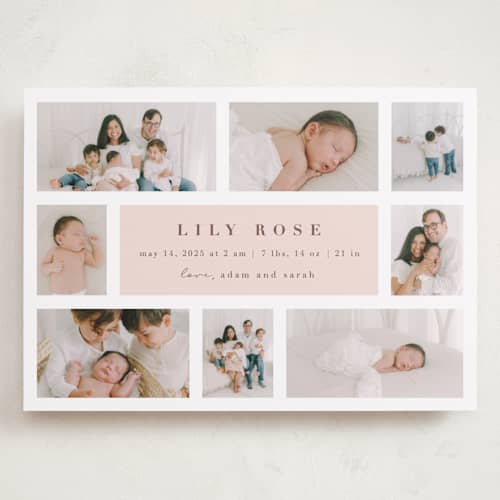 This is a blush grand birth announcements with standard by Maria Alou called family album printing on recycled smooth signature in grand