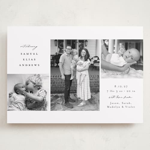 This is a noir grand birth announcements with standard by Emily Betts called three printing on recycled smooth signature in grand