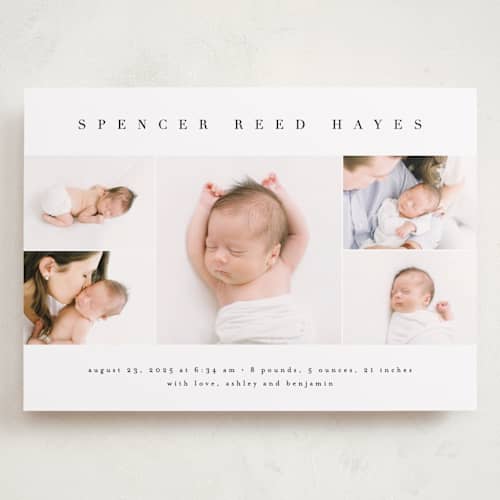 This is a white linen grand birth announcements with standard by Erica Krystek called sweet simplicity printing on recycled smooth signature in grand