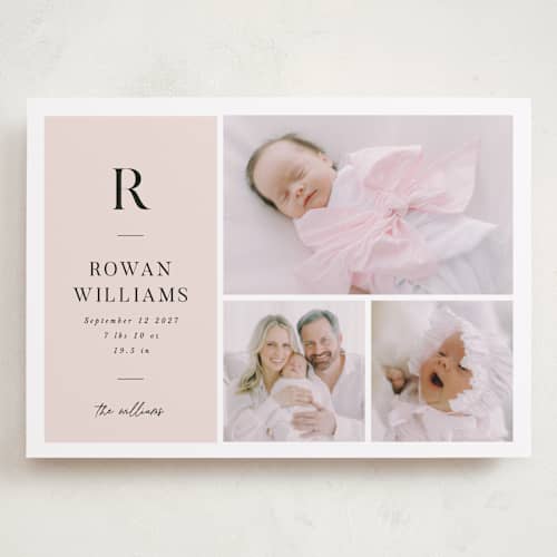 This is a blush grand birth announcements with standard by Robert and Stella called monogram block printing on recycled smooth signature in grand
