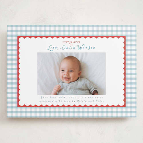 This is a picnic grand birth announcements with standard by Christy Hy Lee called playful pattern printing on recycled smooth signature in grand