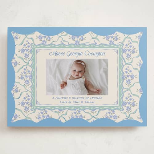 This is a periwinkle grand birth announcements with standard by Jackie Crawford called highgrove printing on recycled smooth signature in grand