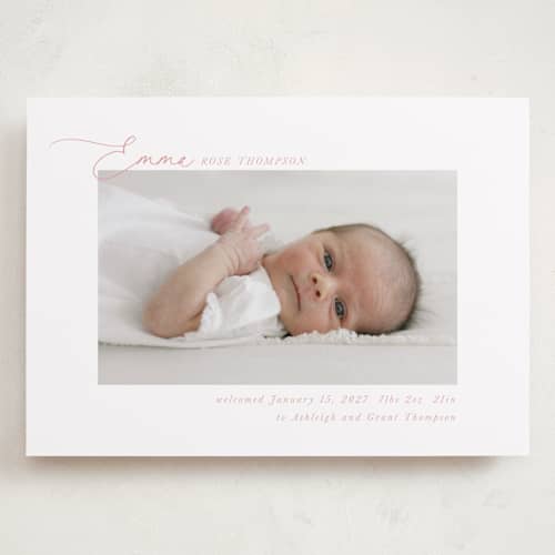 This is a rose grand birth announcements with standard by Jenna Holcomb called sweetest printing on recycled smooth signature in grand