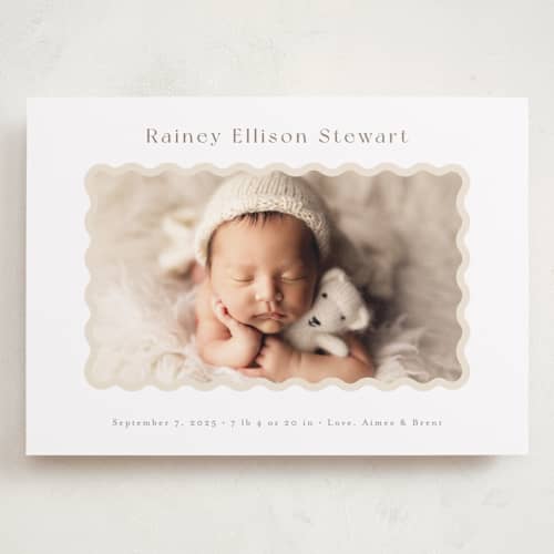 This is a oatmeal grand birth announcements with standard by Jennifer Wick called applique printing on recycled smooth signature in grand