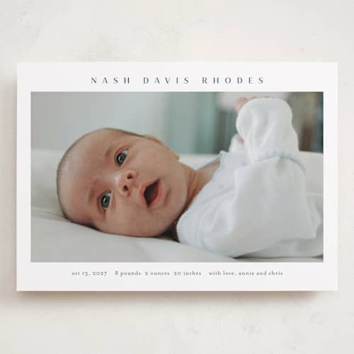 This is a cobalt grand birth announcements with standard by Stacey Meacham called simple name printing on recycled smooth signature in grand