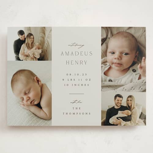 This is a boho neutral grand birth announcements with standard by Ana Sharpe called photo stack printing on recycled smooth signature in grand