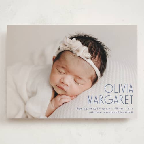 This is a denim grand birth announcements with standard by Lisa Assenmacher called sweetly modern printing on recycled smooth signature in grand