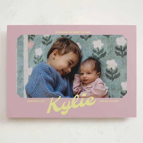 This is a mauve grand birth announcements with standard by Inkblot Design called retro printing on recycled smooth signature in grand