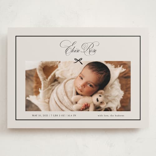 This is a charcoal grand birth announcements with standard by Chelsea Petaja called elegant bow holiday printing on recycled smooth signature in grand