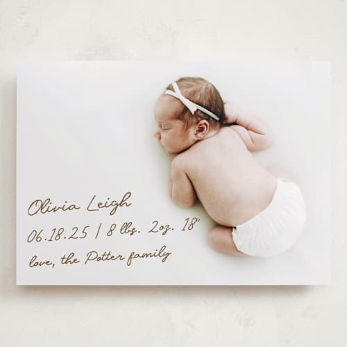 This is a bark grand birth announcements with standard by AK Graphics called signed with love printing on recycled smooth signature in grand
