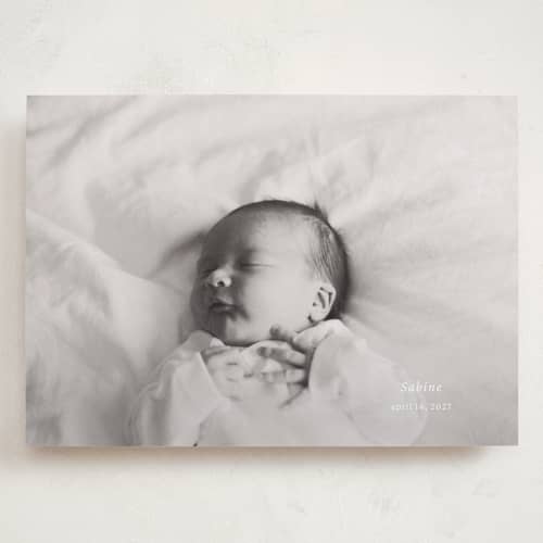 This is a linen grand birth announcements with standard by Ani Somi called sabine printing on recycled smooth signature in grand
